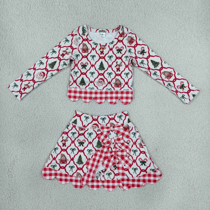 Baby Girls Kids Christmas Santa Shirt Bows Scallop Skirt Shorts Yoga Active Set Clothes