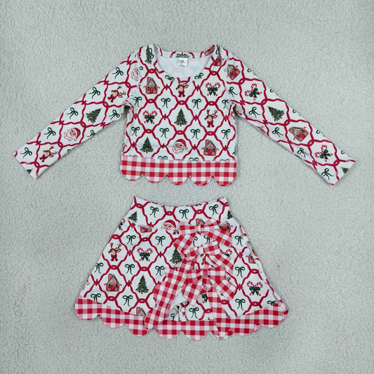 Baby Girls Kids Christmas Santa Shirt Bows Scallop Skirt Shorts Yoga Active Set Clothes