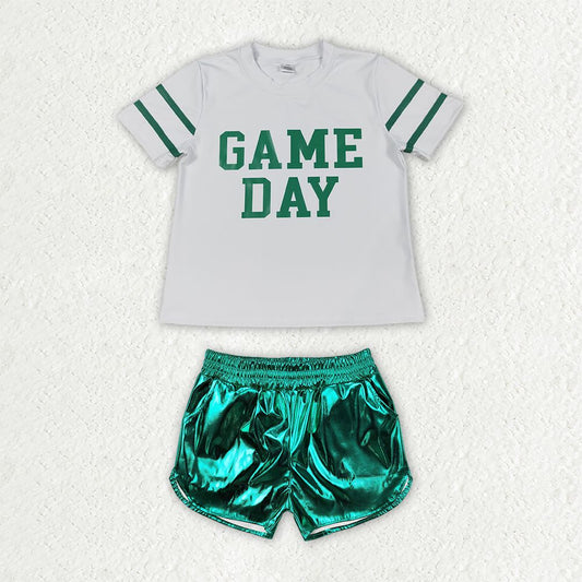 Baby Girls Kids Short Sleeves Game Day Shirt Green Pockets Shorts Set Team Clothes