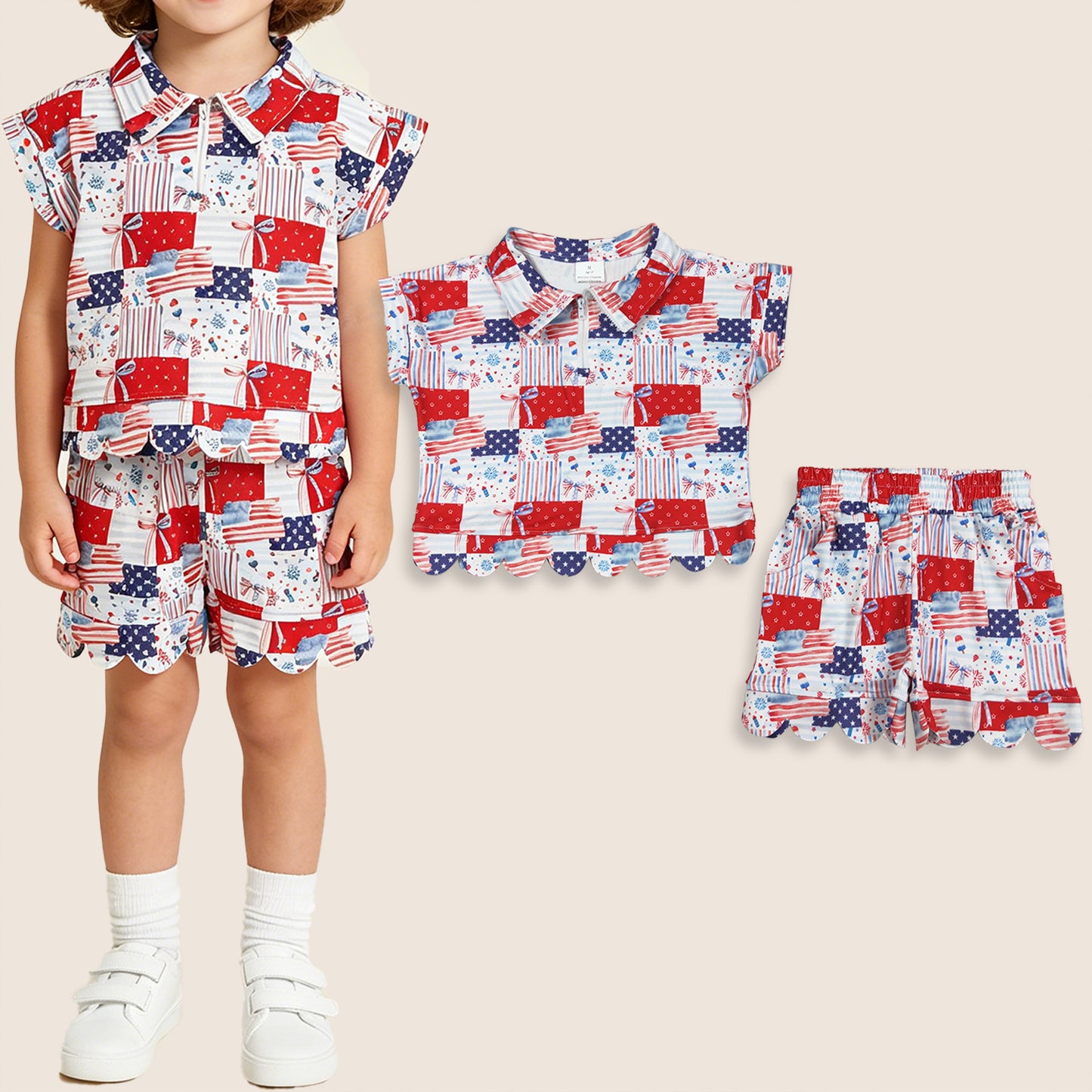 GSSO3599 Baby Girls Kids Flags Bows Zipper Shirt Scallop Shorts Set 4th of July Clothes