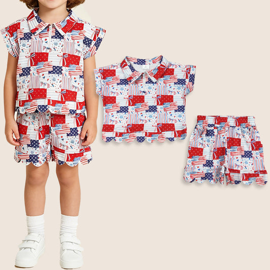 GSSO3599 Baby Girls Kids Flags Bows Zipper Shirt Scallop Shorts Set 4th of July Clothes