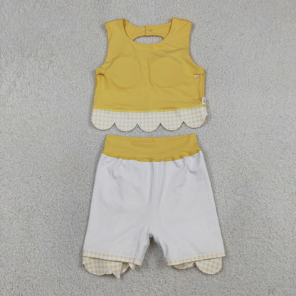 Baby Girls Yellow Sleeveless Tops Bows Skirt Shorts Yoga Clothes Set