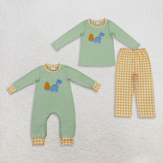 Sibling Baby Boys Kids Long Sleeves Embroidery Pumpkins Dinosaur Romper Set Fall Clothes
