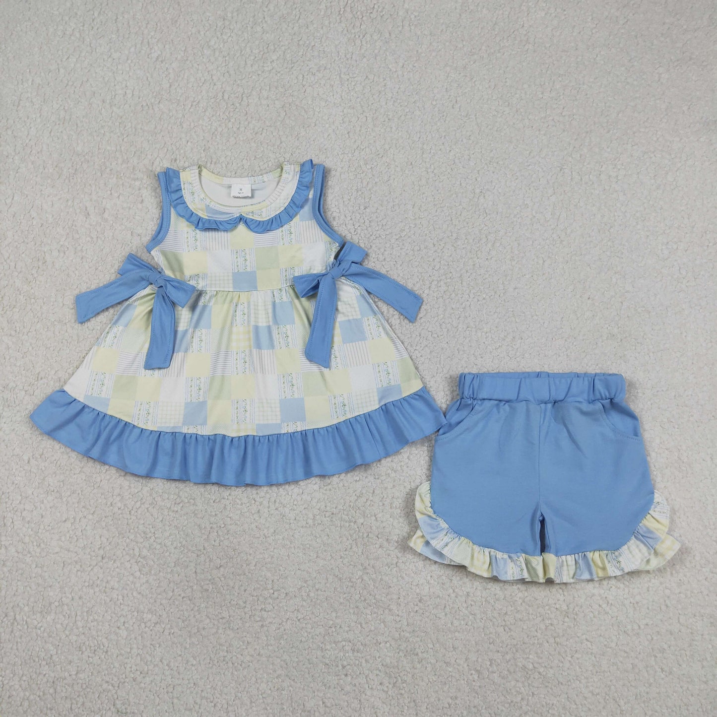 Baby Girls Kids Sleeveless Floral Plaid Bows Ruffle Tunic Blue Shorts Summer Clothes Set