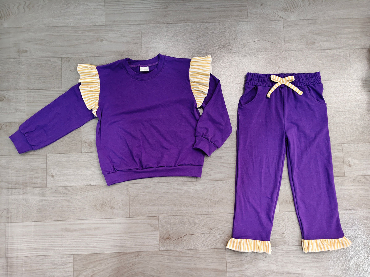 No moq Preorder Baby Girls Kids Long Sleeves Ruffle Tops Pockets Pants Cotton Set Purple Clothes