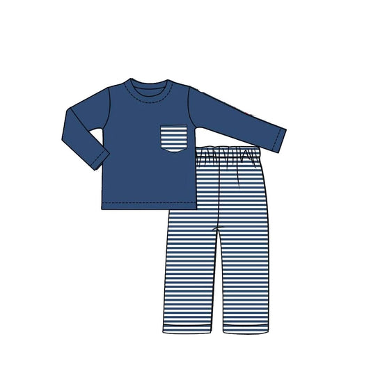 Moq 5 Preorder Baby Kids Long Sleeves Blue Shirt Stripes Pants Set Pajamas Clothes