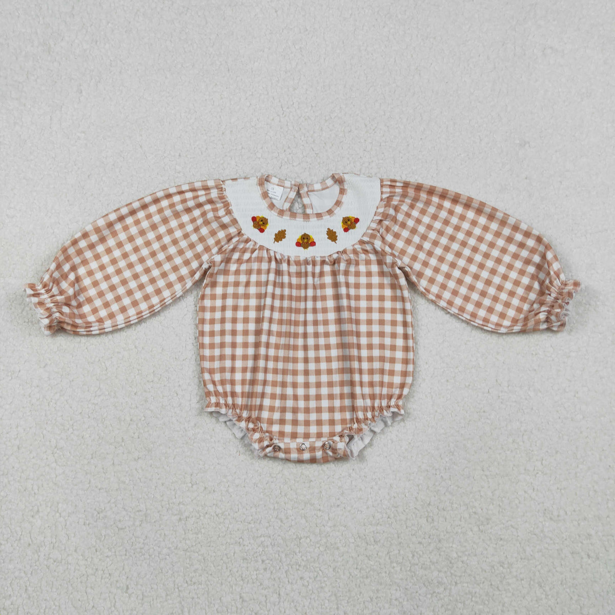 Baby Girl Long Sleeves Plaid Smocked Embroidery turkey Leaves Thanksgiving Romper