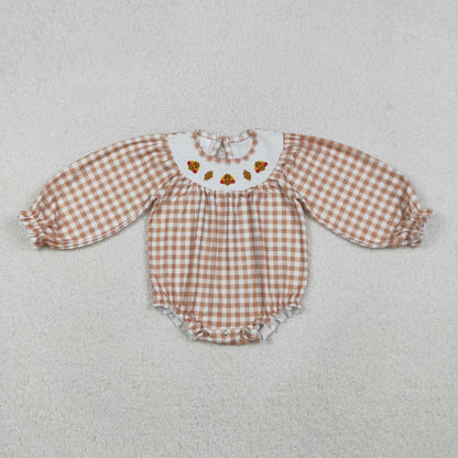 Baby Girl Long Sleeves Plaid Smocked Embroidery turkey Leaves Thanksgiving Romper