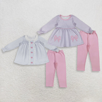 Sibling Baby Girls Kids Long Sleeves Embroidery Bows Stripes Tops Pants Clothes Sets