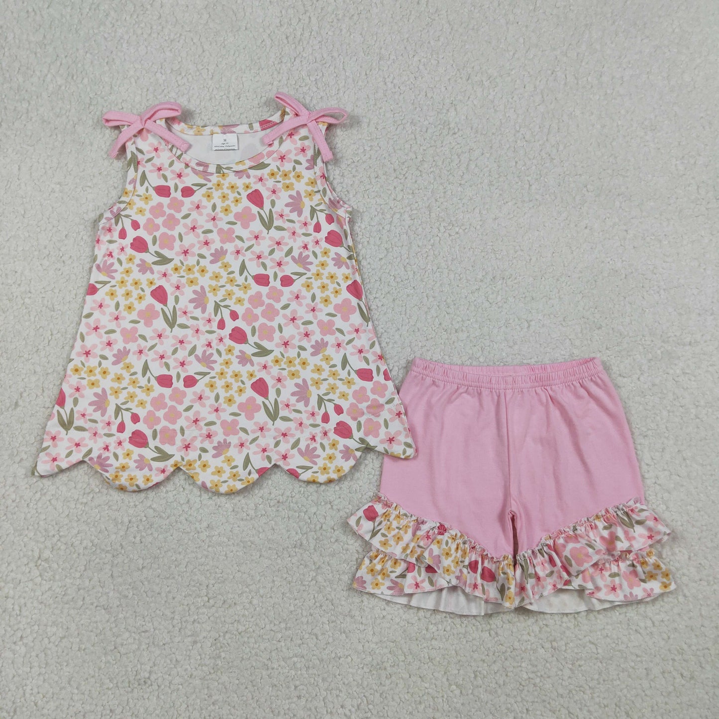 RTS Baby Girls Kids Pink Bows Floral Scallop Tops Ruffle Shorts Summer Set