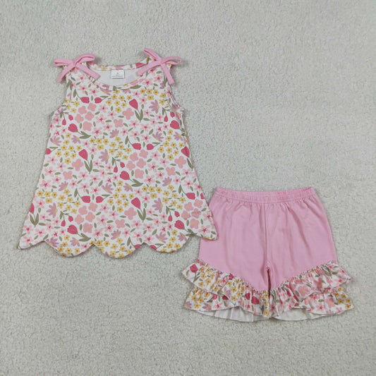 RTS Baby Girls Kids Pink Bows Floral Scallop Tops Ruffle Shorts Summer Set