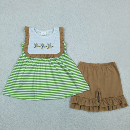 Sibling Baby Boys Girls Embroidery Ducks Green Stripes Rompers Sets Summer Clothes