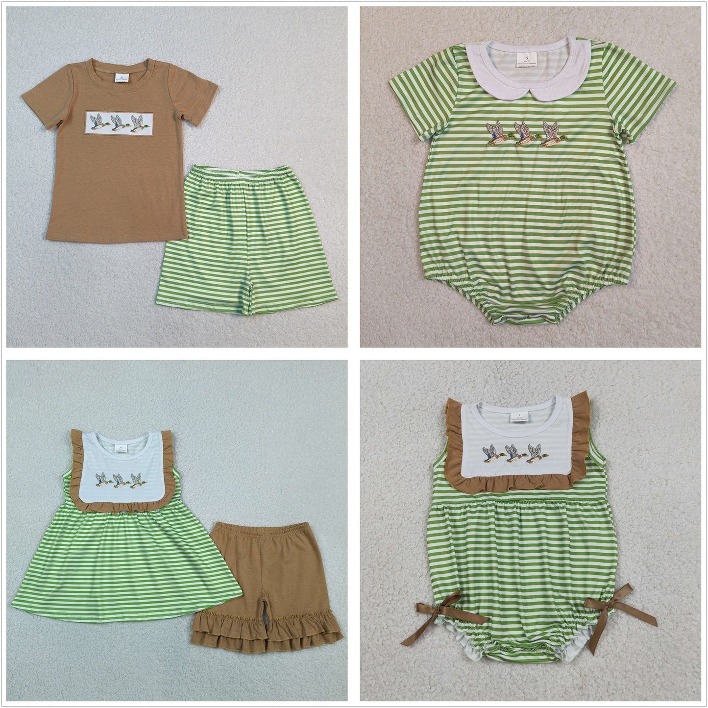Sibling Baby Boys Girls Embroidery Ducks Green Stripes Rompers Sets Summer Clothes
