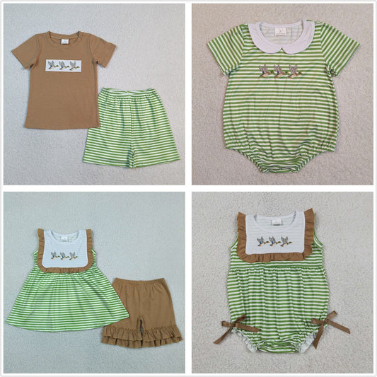 Sibling Baby Boys Girls Embroidery Ducks Green Stripes Rompers Sets Summer Clothes