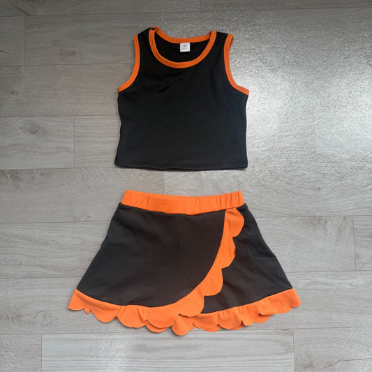 No moq Preorder Baby Girls Kids Black Shirt Orange Scallop Skirt Shorts Yoga Active Set Clothes