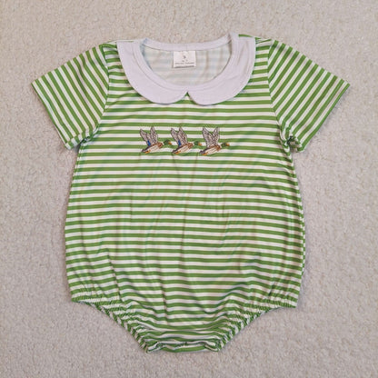 Sibling Baby Boys Girls Embroidery Ducks Green Stripes Rompers Sets Summer Clothes