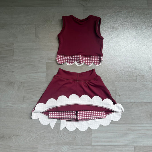No moq Preorder Baby Girls Kids Dark Red Vest Plaid Bows Scallop Bows Skirt Shorts Yoga Active Set Clothes