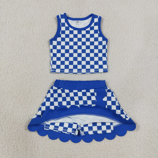 Baby Girls Kids Sleeveless Blue Checked Shirt Scallop Skirt Shorts Yoga Active Set Clothes