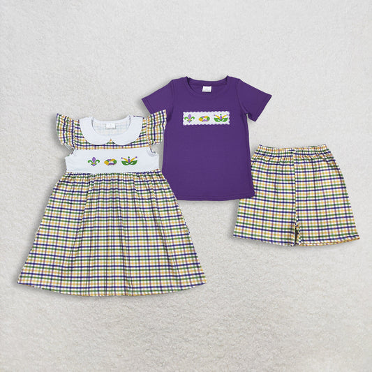 Sibling Baby Boys Girls Embroidery Anchors Donuts Masks Plaid Dress Mardi Gras Set