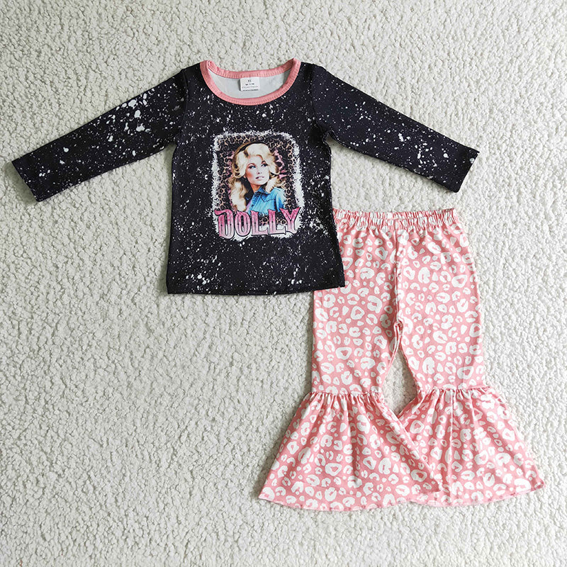 Promotion Baby Girls Kids Long Sleeves Black Shirt Leopard Pants Singer Outfit