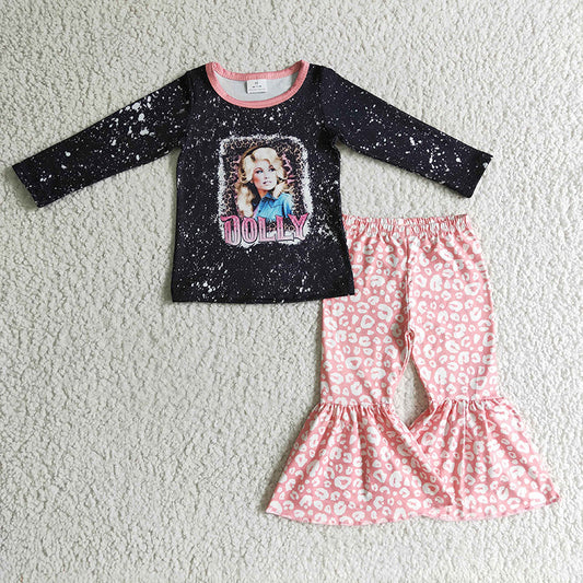Promotion Baby Girls Kids Long Sleeves Black Shirt Leopard Pants Singer Outfit