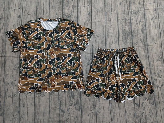 Preorder Adult Women Short Sleeves Brown Green Camo Shirt Shorts Scallop Clothes Set