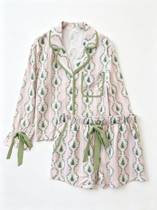 Moq 5 Preorder Baby Girls Kids Christmas Tree Bows Buttons Shirt Pockets Shorts Pajamas Set Clothes