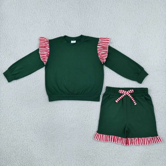 Baby Girls Kids Green Long Sleeves Tops Pockets Shorts Cotton Set Christmas Clothes