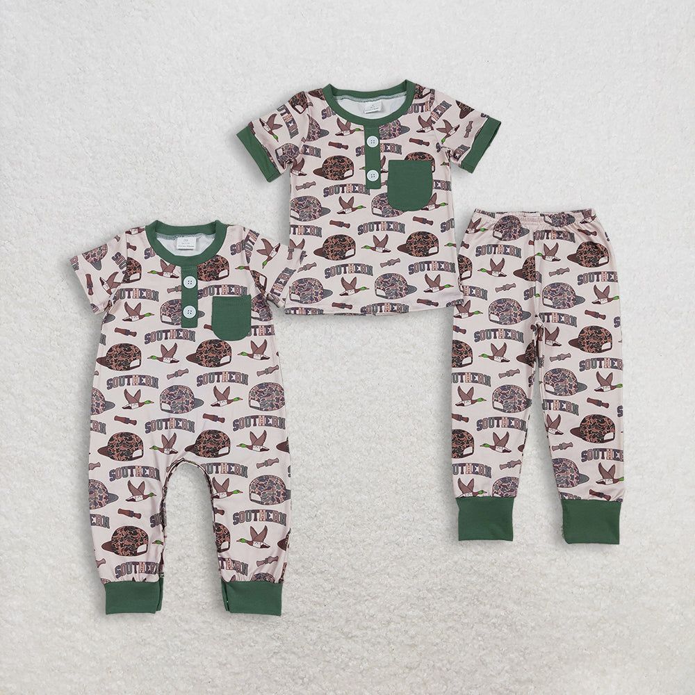 Sibling Baby Boys Short Sleeves Camo Hats Ducks Hunting Southern Buttons Romper Outfit
