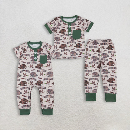 Sibling Baby Boys Short Sleeves Camo Hats Ducks Hunting Southern Buttons Romper Outfit