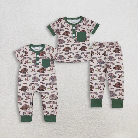 Sibling Baby Boys Short Sleeves Camo Hats Ducks Hunting Southern Buttons Romper Outfit