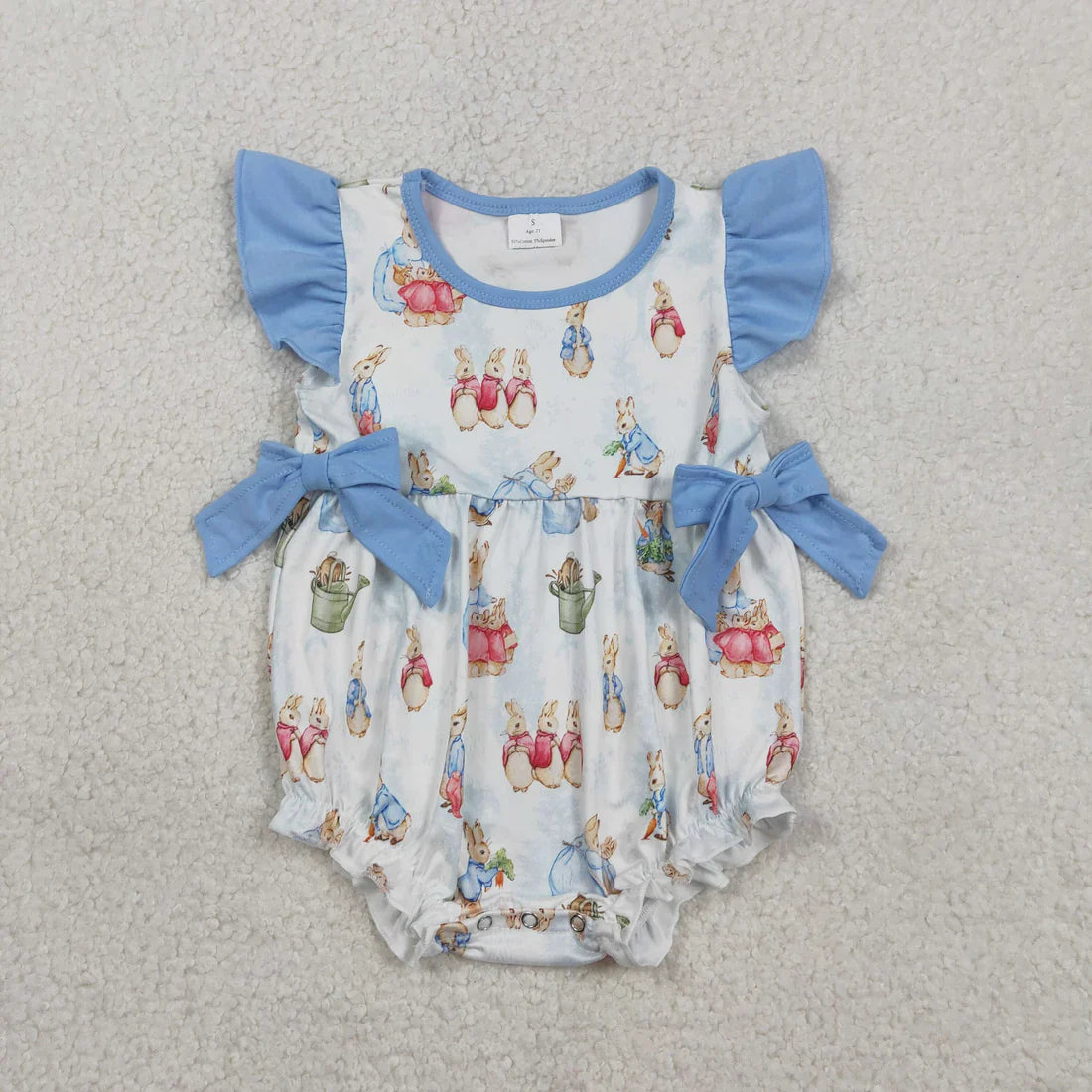 RTS Sibling Baby Girls Kids Short Sleeves Rabbits Blue Bows Easter Romper Dress Set