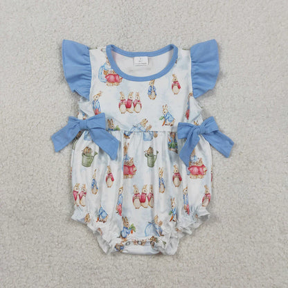 RTS Sibling Baby Girls Kids Short Sleeves Rabbits Blue Bows Easter Romper Dress Set