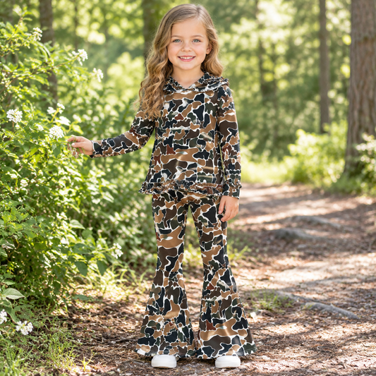 Baby Girls Long Sleeves Brown Green Camo Hoodie Pullover Bell Pants Clothes Set