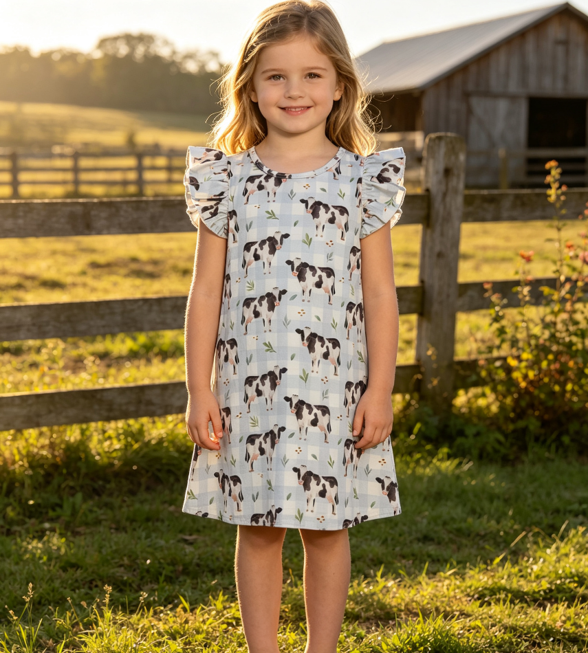 Baby Girls Short Sleeves Cows Blue Plaid Knee Length Dress