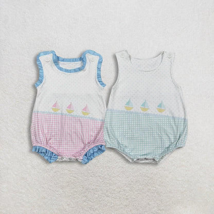 RTS Sibling Baby Boys Girls Infant Sleeveless Boats Plaid Dots Summer Bubble Rompers