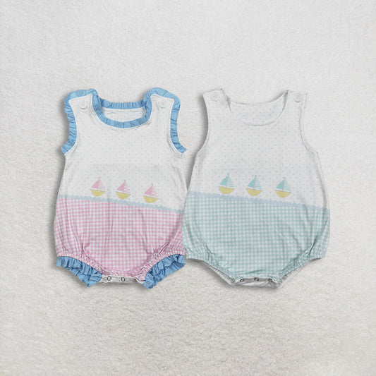 RTS Sibling Baby Boys Girls Infant Sleeveless Boats Plaid Dots Summer Bubble Rompers