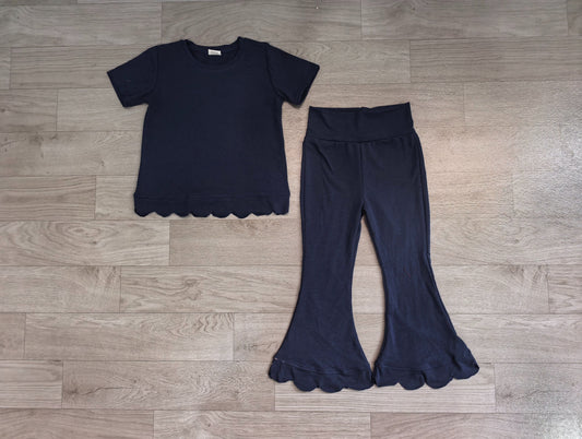 No moq  Preorder Baby Girls Kids Short Sleeves Navy Shirt Pants Scallop Set Clothes