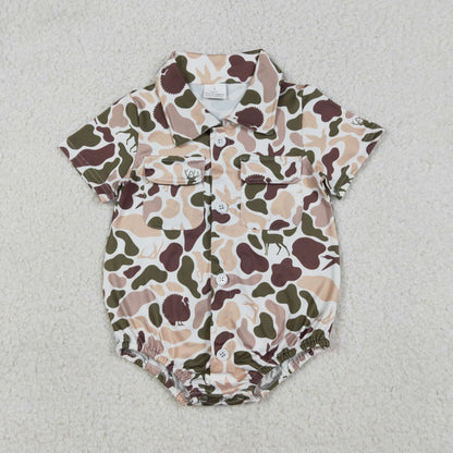 Sibling Baby Boys Infant Short Sleeves Camo Print Pockets Buttons Hunting Bubble Rompers