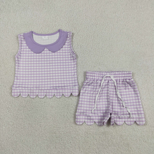 Baby Girls Kids Purple Plaid Shirt Scallop Shorts Summer Set Clothes