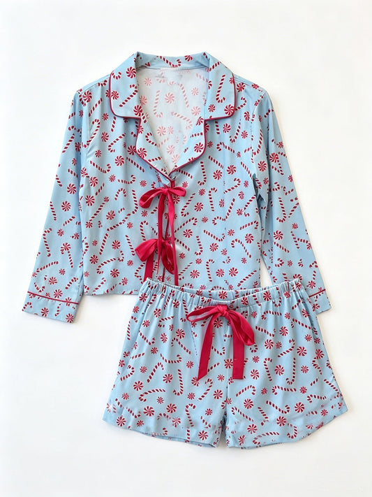 Moq 5 Preorder Baby Girls Kids Christmas Candy Buttons Shirt Pockets Shorts Blue Pajamas Bows Set Clothes