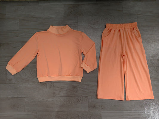 No moq Preorder Baby Girl Kids Long Sleeves Peach Shirt Pockets Pants Set Pajamas Clothes