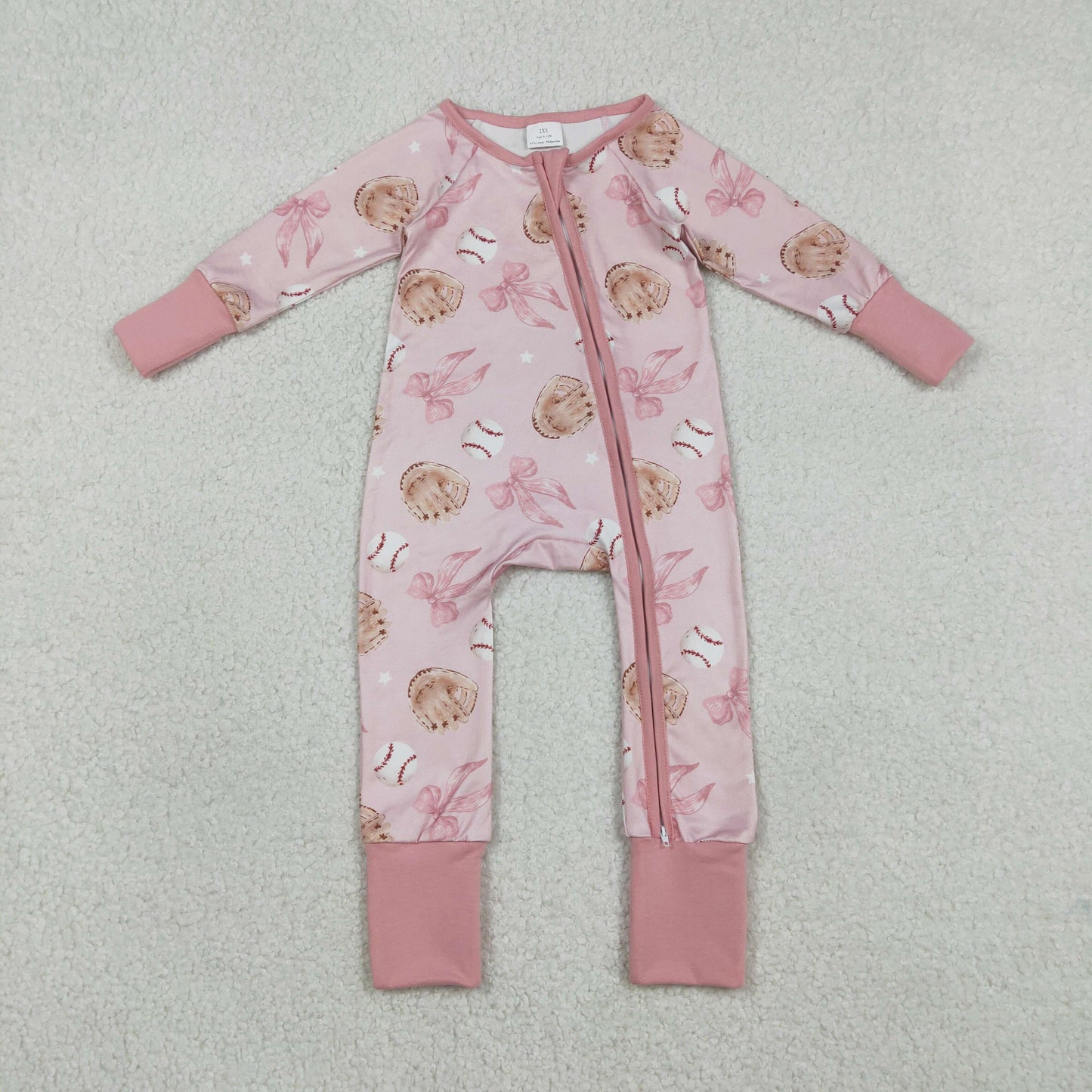Baby Girls Long Sleeves Baseballs Bows Zipper Sleeper Pink Romper