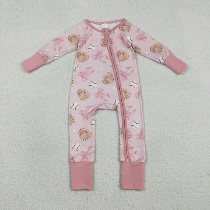 Baby Girls Long Sleeves Baseballs Bows Zipper Sleeper Pink Romper
