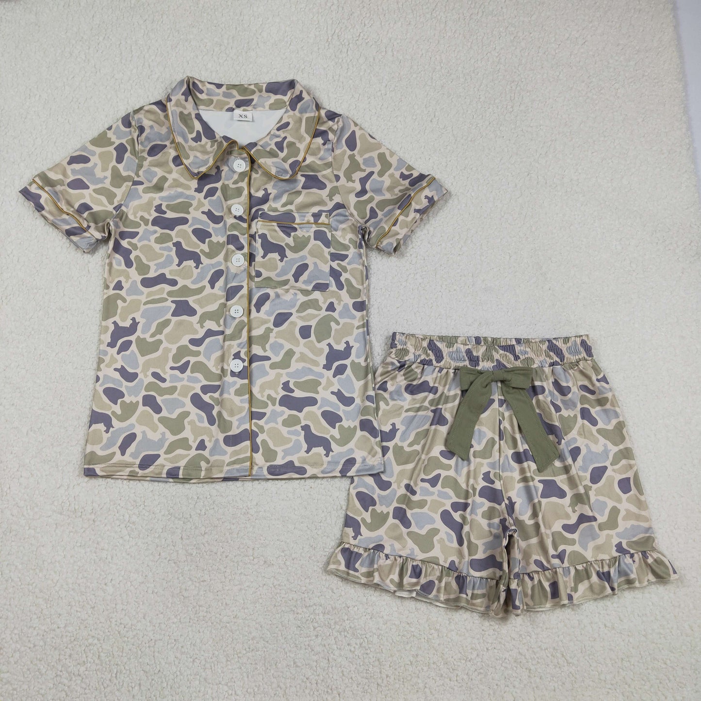 RTS Adult Women Short Sleeves Dogs Camo Buttons Shirt Bows Shorts Pajamas Clothes Set