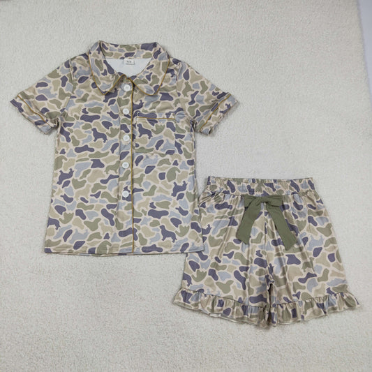 RTS Adult Women Short Sleeves Dogs Camo Buttons Shirt Bows Shorts Pajamas Clothes Set