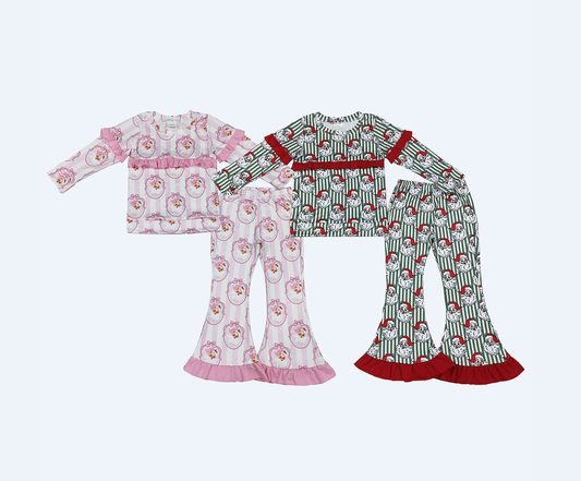 Sibling Baby Girl Kids Christmas Santa Stripes Ruffle Tops Bell Pants Sets Clothes
