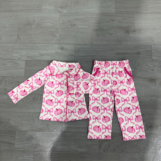 No moq  Preorder Adult Women Pumpkins Pink Bows Buttons Shirt Pockets Pants Pajamas Set Fall Clothes