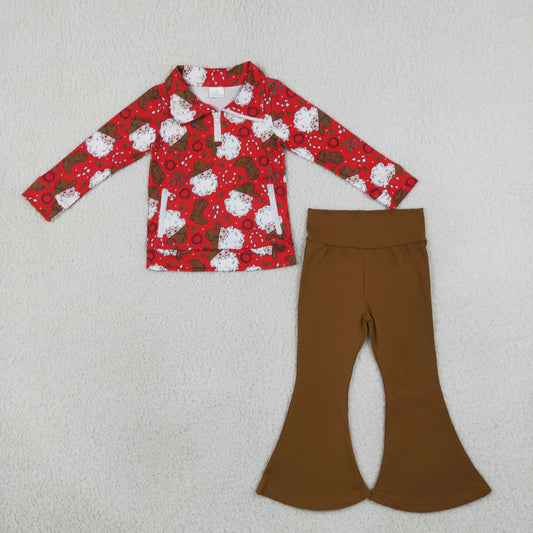 Baby Girls Kids Christmas Santa Zipper Pockets Tops Brown Pants Set Clothes