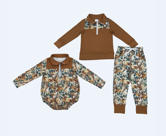 Sibling Baby Boys Kids Long Sleeves Leaves Zipper Romper Set Brown Clothes